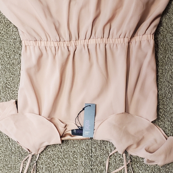 Isabel Lu beige firty off shoulder high/low dress L - Picture 2 of 4